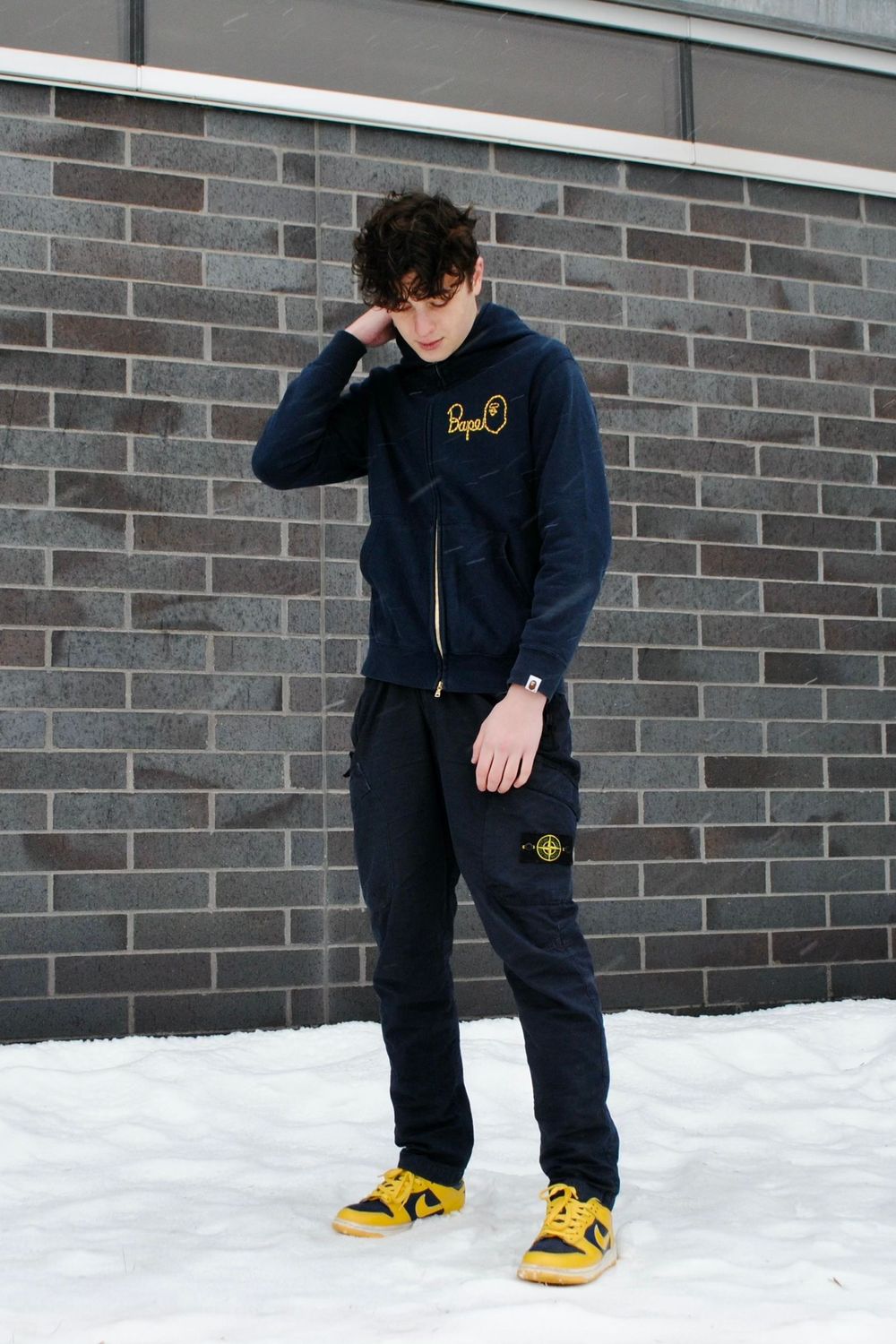 joey's post featuring Stone Island. Feeling vintage, 1999nikeshoes, yellowoutfit, navyoutfit, nikedunk, bape, winter, canadian, streetwear, rare