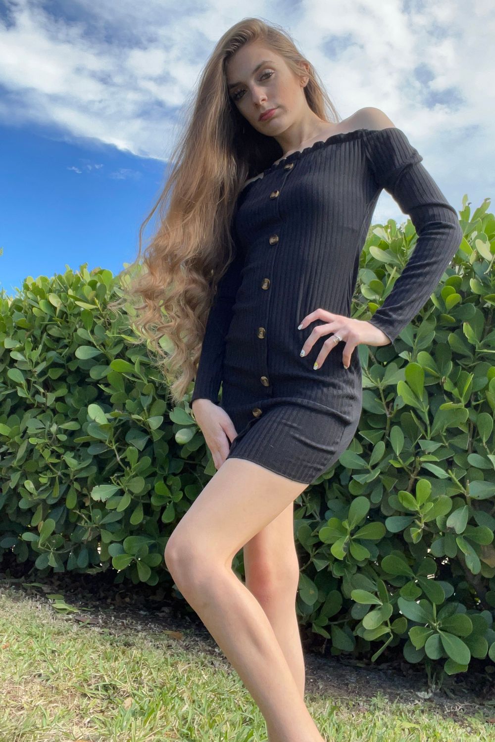 Post featuring button front lettuce edge bardot dress