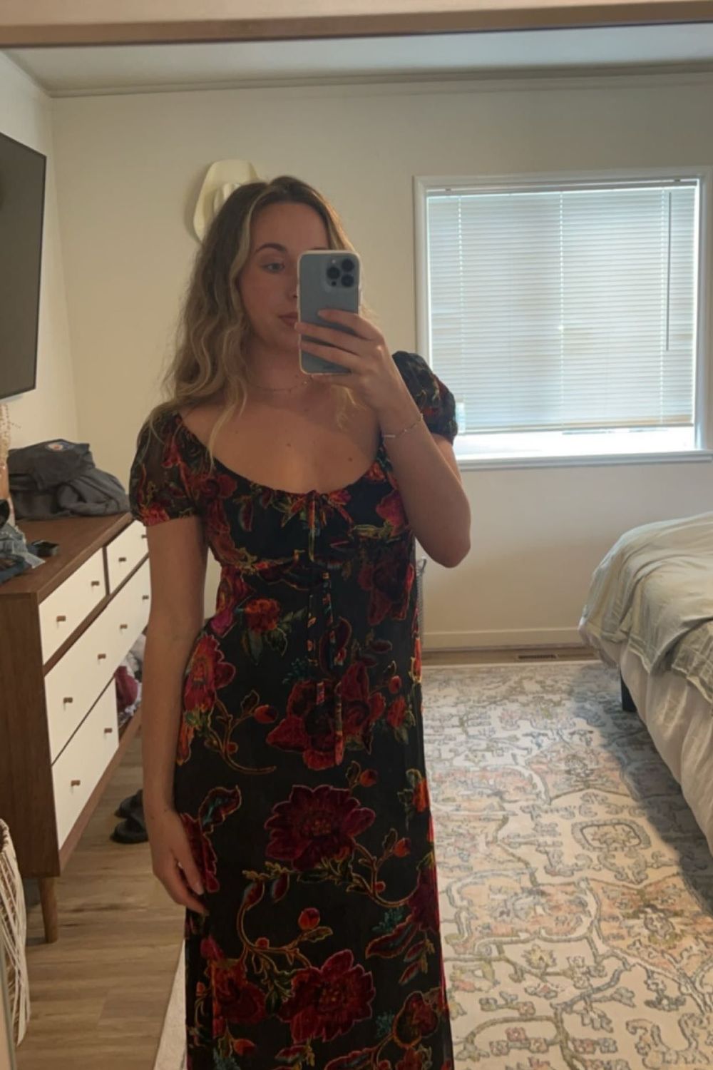 Post featuring Natachia Midi Dress - Puff Sleeve Burnout Dress in Black Floral