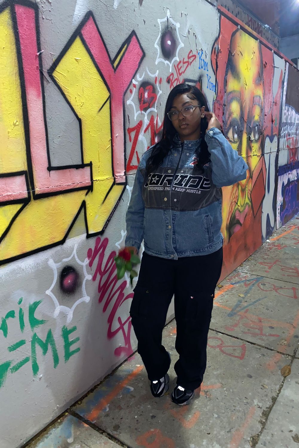 Post featuring Mid Blue Wash Racer Badge Oversized Denim Jacket