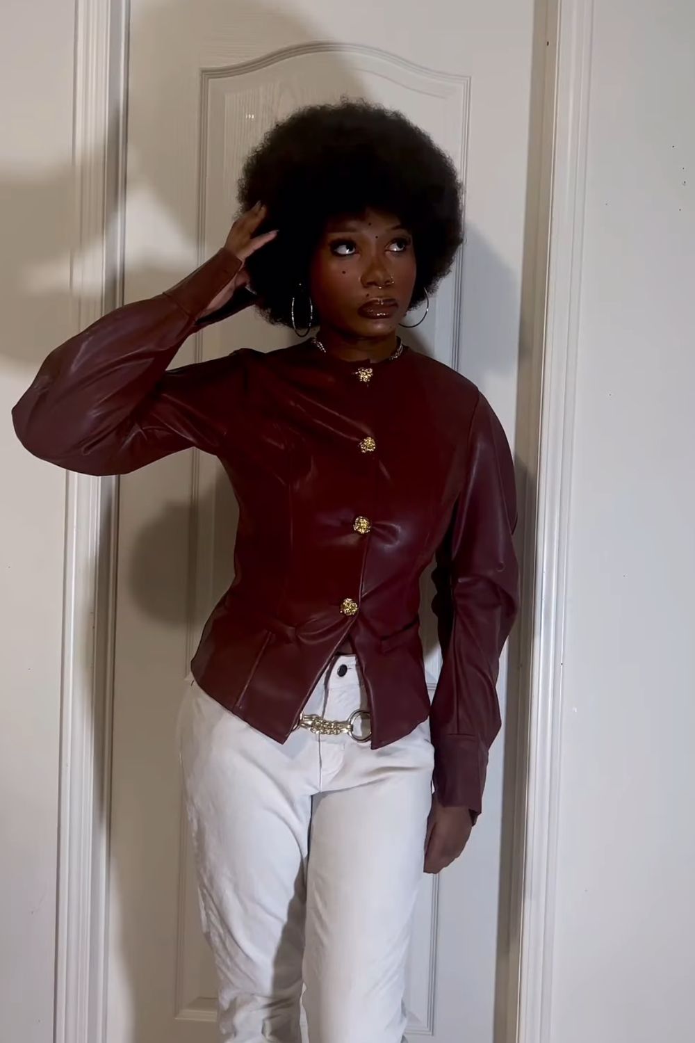Post featuring Faux Leather Metallic Button Jacket