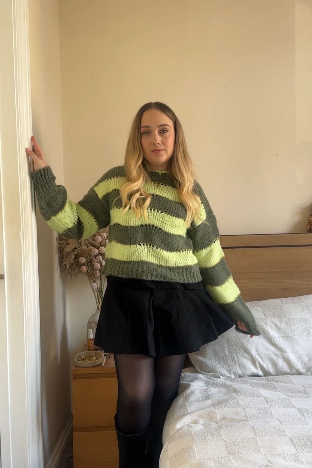 Post featuring Metal-Belt Pleated Mini Skirt