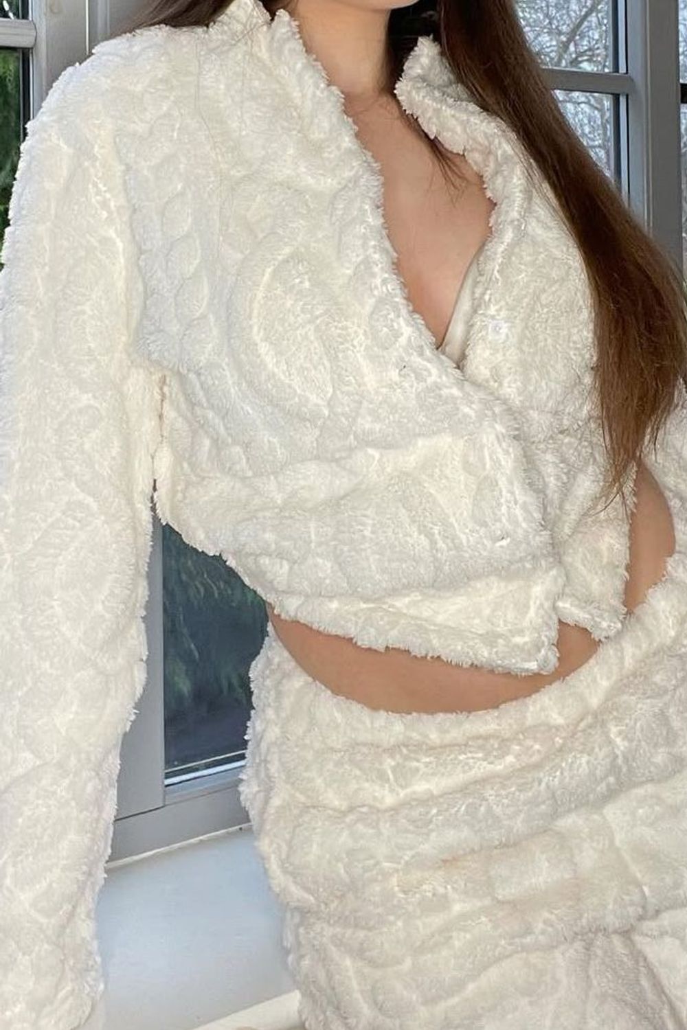 Post featuring Fluffy Cable Knit Lapel Collar Long Sleeves Shirt With Wide Leg Pants Two Piece Sweater Co Ord Set