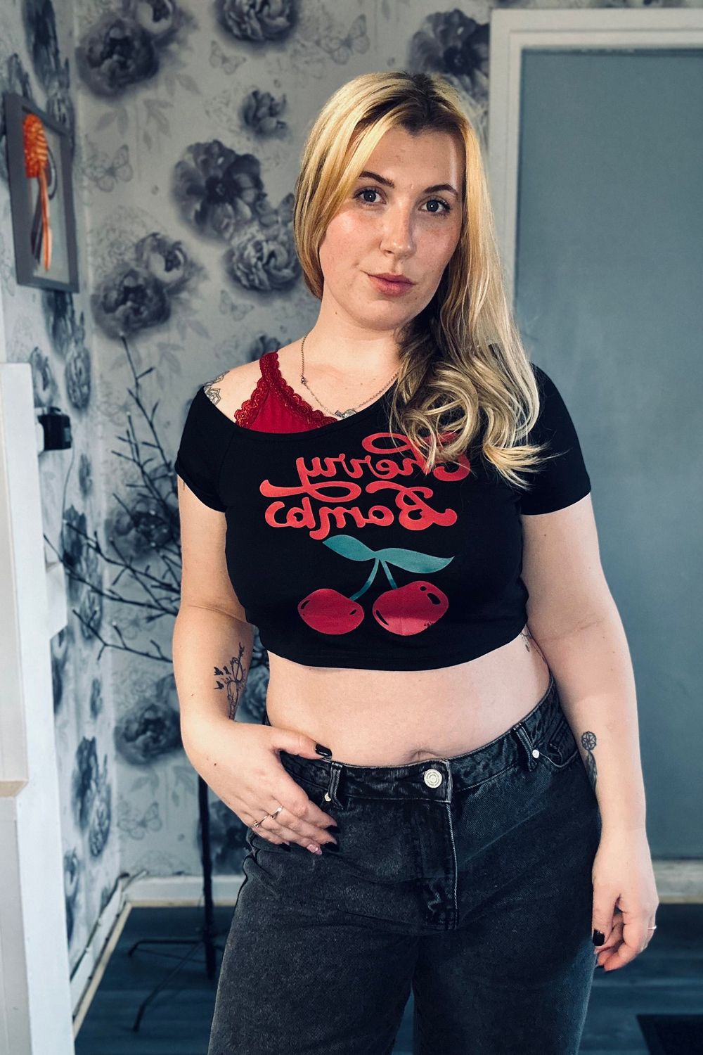 Post featuring Kawaii Plus Size Lace Patchwork Asymmetric Neck Cherry Print Form-Fitting Top, For Summer