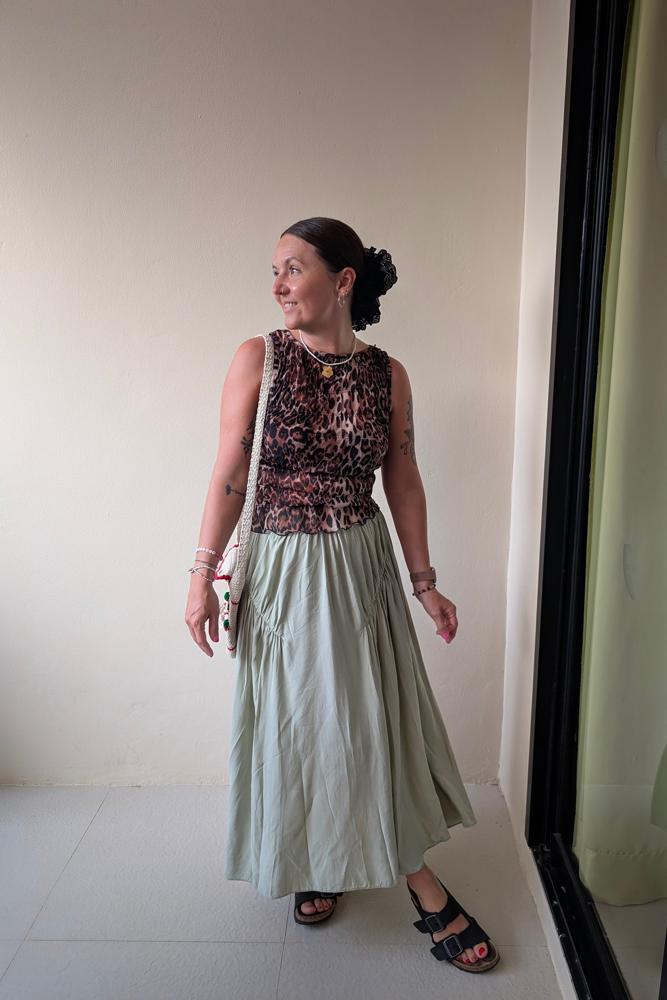 laurastrangestyle's review for ASOS DESIGN shirred slash neck tank in leopard print