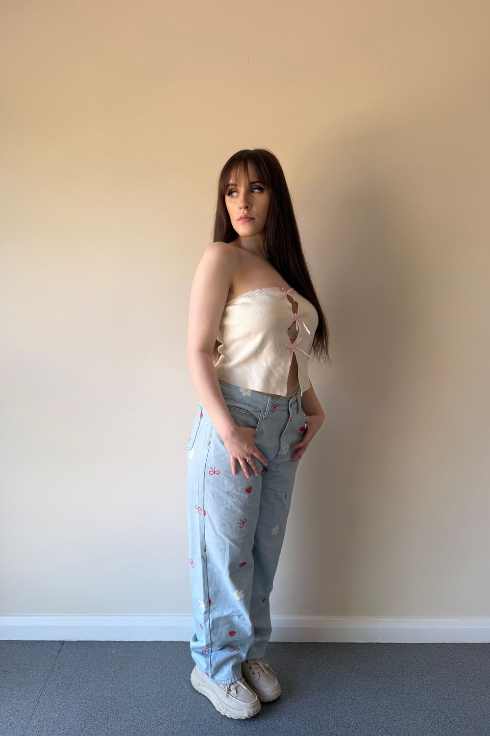 Post featuring Kawaii Women's Cute Style Denim Jeans With Strawberry, Flower, And Bowknot Printed Pattern