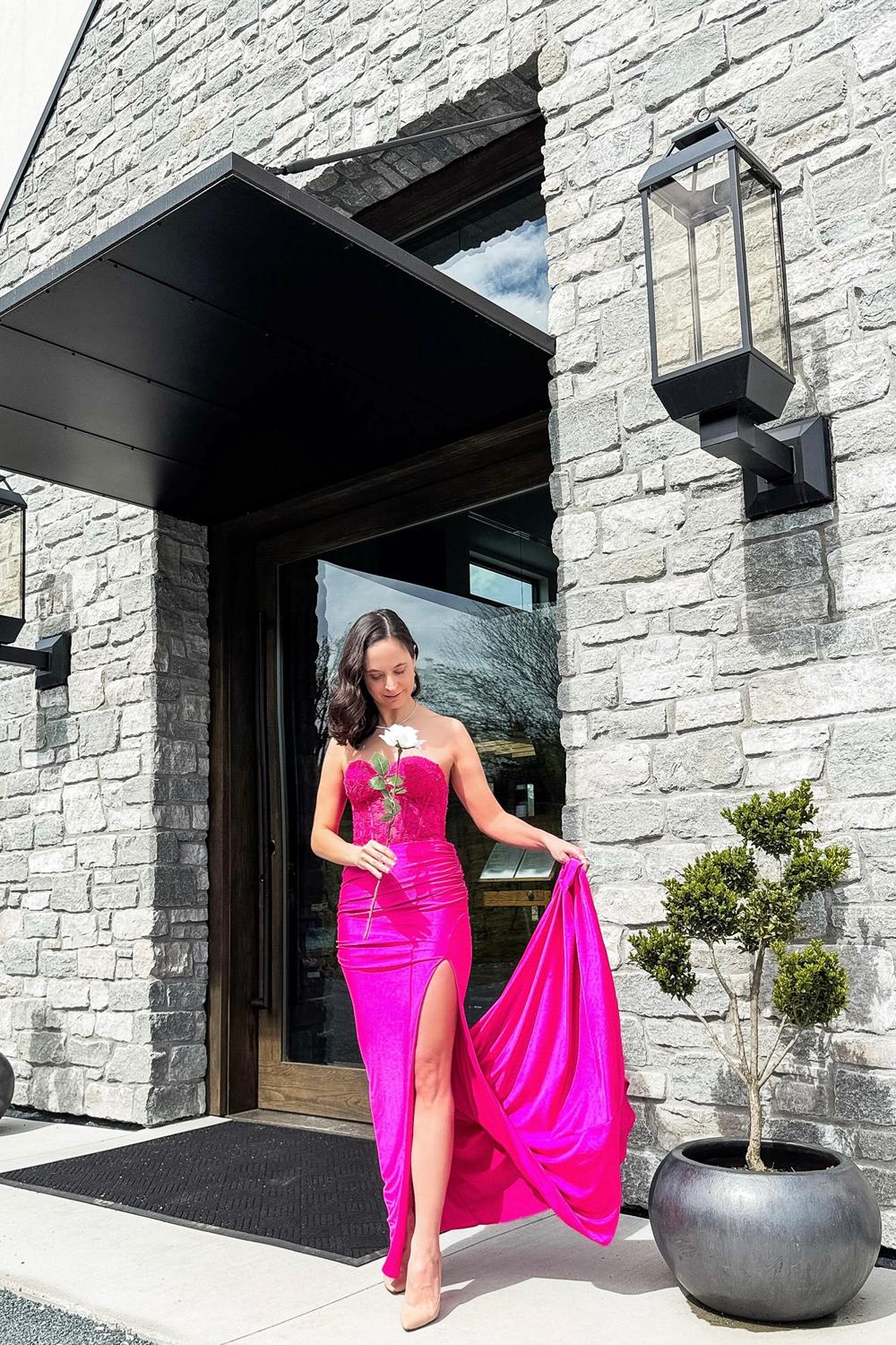 Post featuring Glitter Fuchsia Mermaid Strapless Ruched Corset Long Prom Dress With Slit