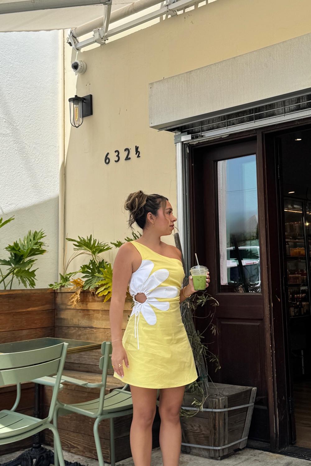 Post featuring Sunny Design Yellow Cutout Flower One-Shoulder Mini Dress