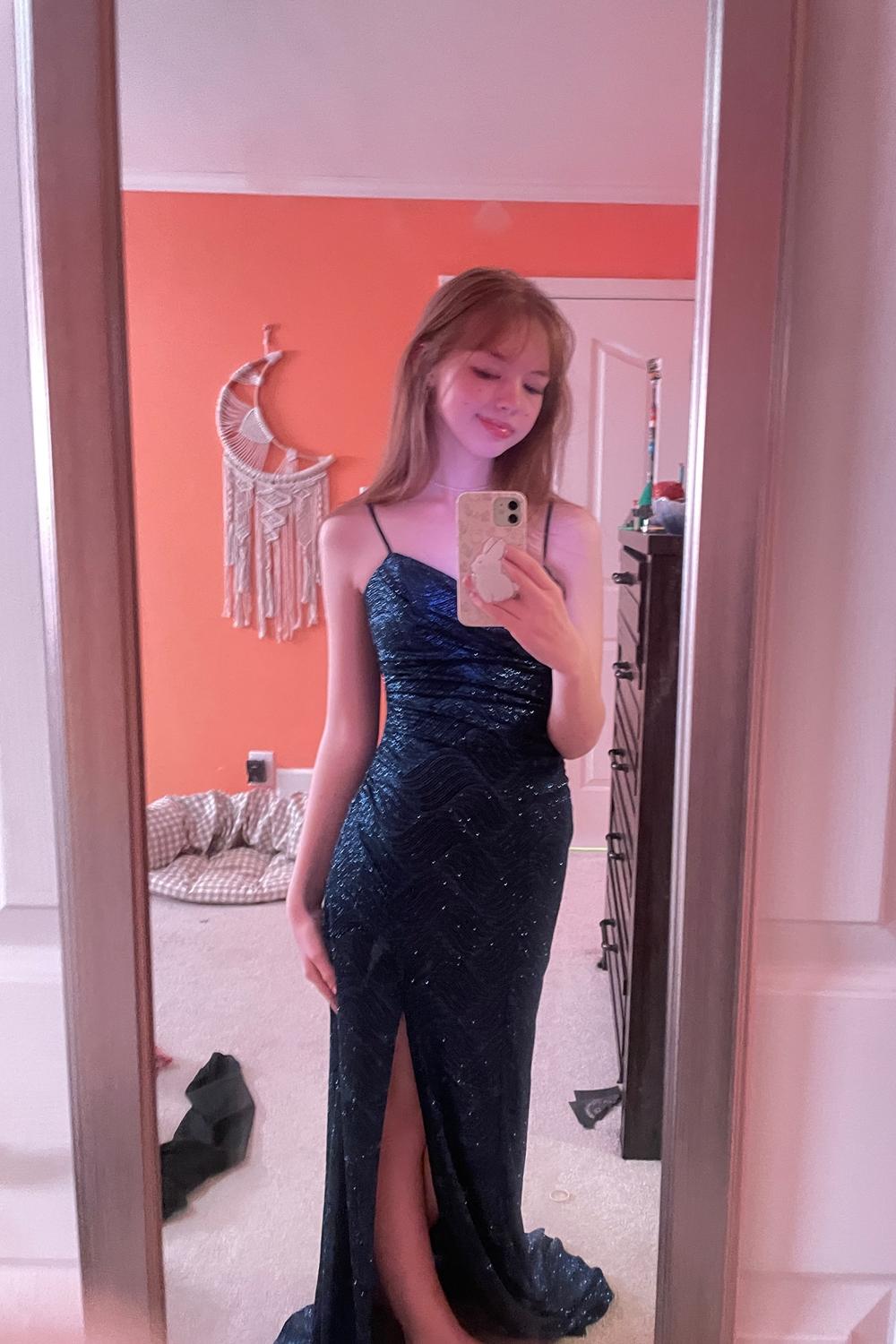 Post featuring Glitter Cowl Neck Sheath Dress with Skirt Slit