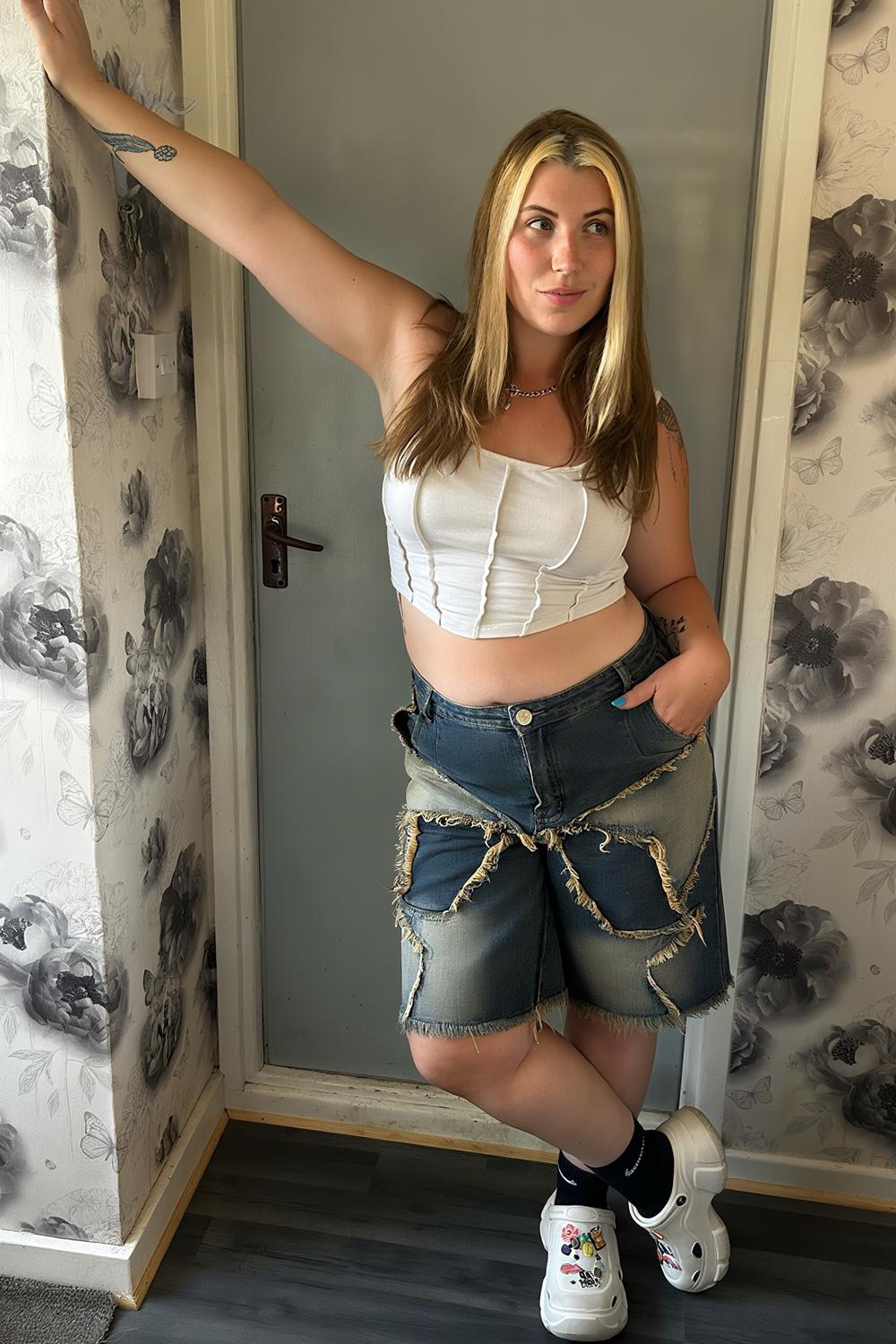 Post featuring Grunge Punk Star Patchwork, Vintage Wash, Loose Fit, Straight Bermuda Denim Shorts, School