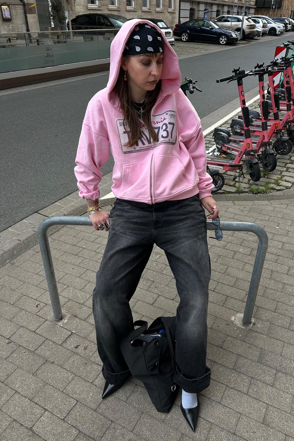 Post featuring License Plate Zip Hoodie Pink