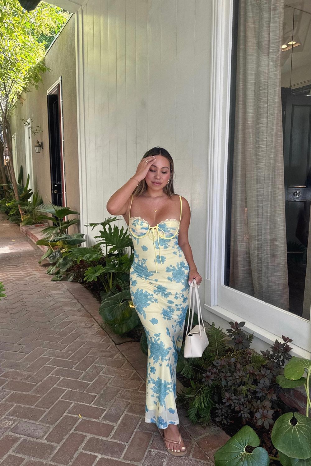 Post featuring Fortune Lace Trim Mesh Midi Dress Yellow