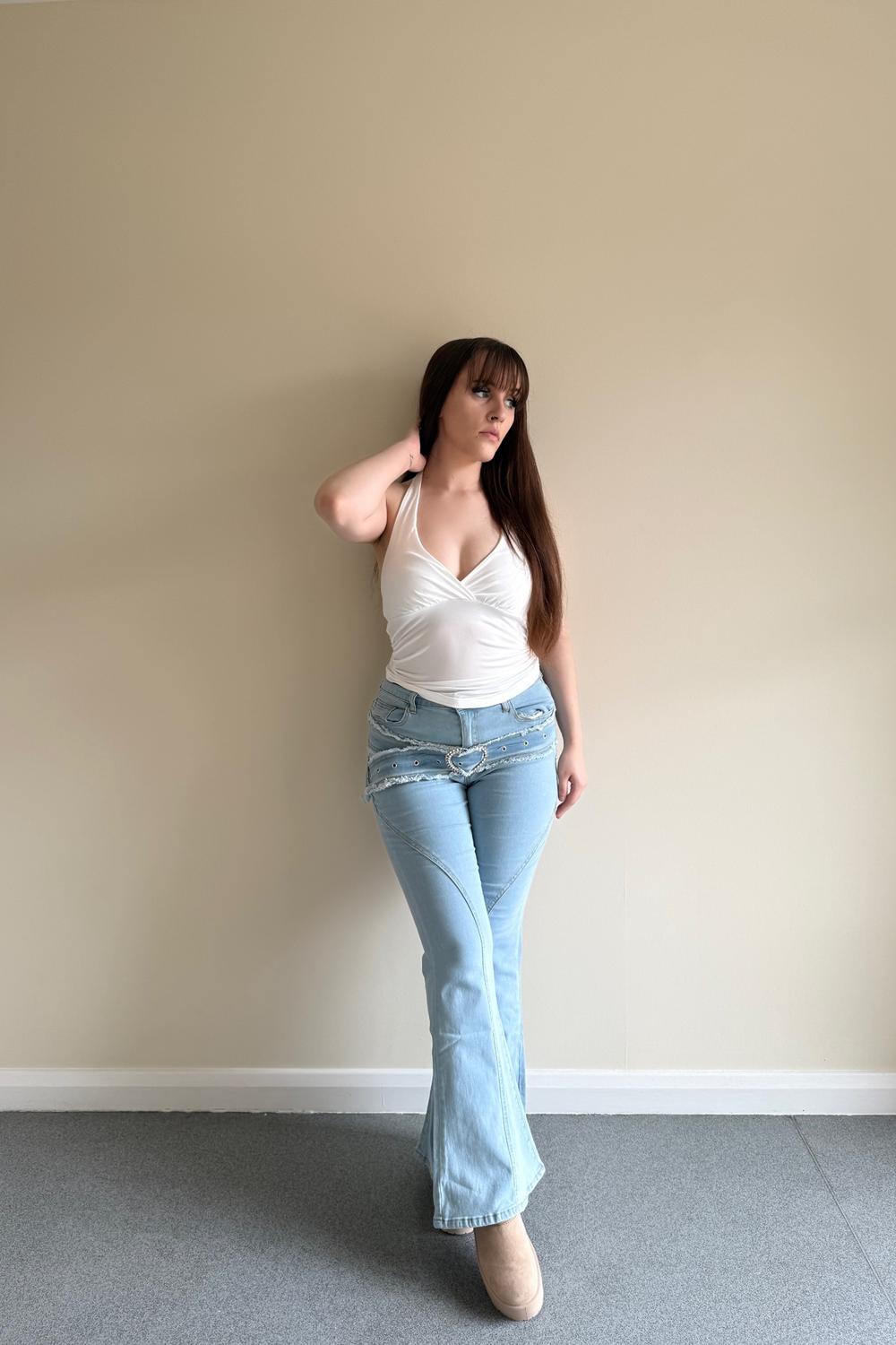 Post featuring Grunge Punk Y2K Retro Heart Metal Buckle Fringe Waist Belt & Flared Jeans For Women, School,Ladies Casual Button,Cut Out,Zipper Drop Waist Flare Leg Long Blue Bootcut Skinny Women Jeans,Spring/Fall,Casual Daily Wear