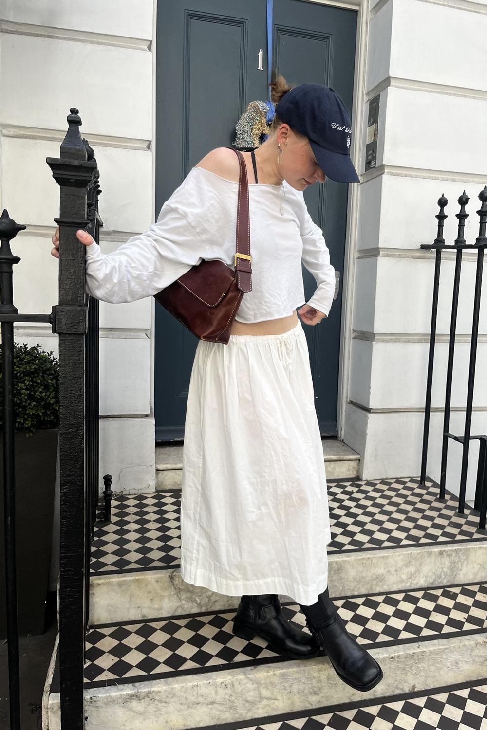 Post featuring COLLUSION tie low rise maxi skirt in white