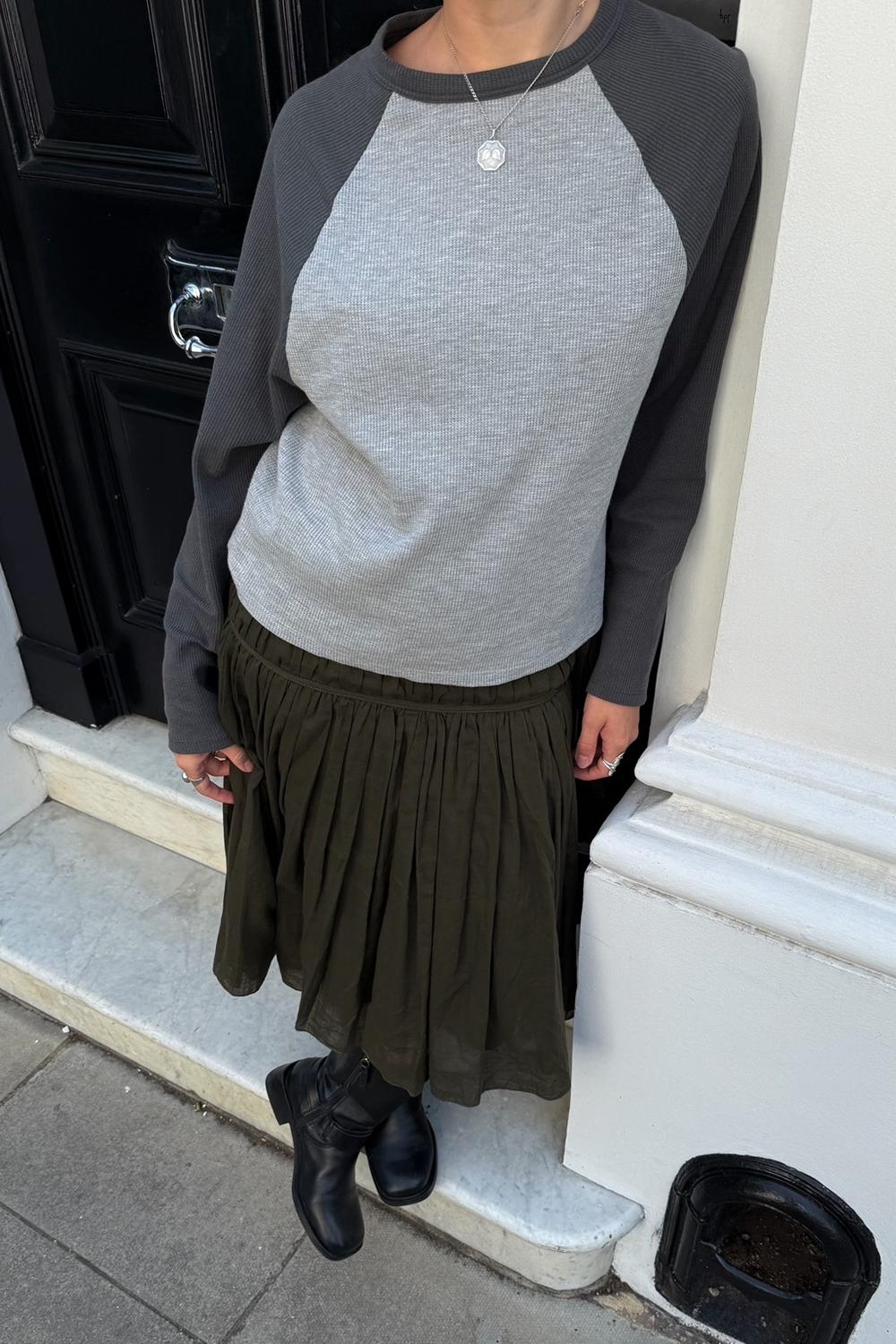 Post featuring ASOS DESIGN raglan long sleeve top in waffle in charcoal-Multi