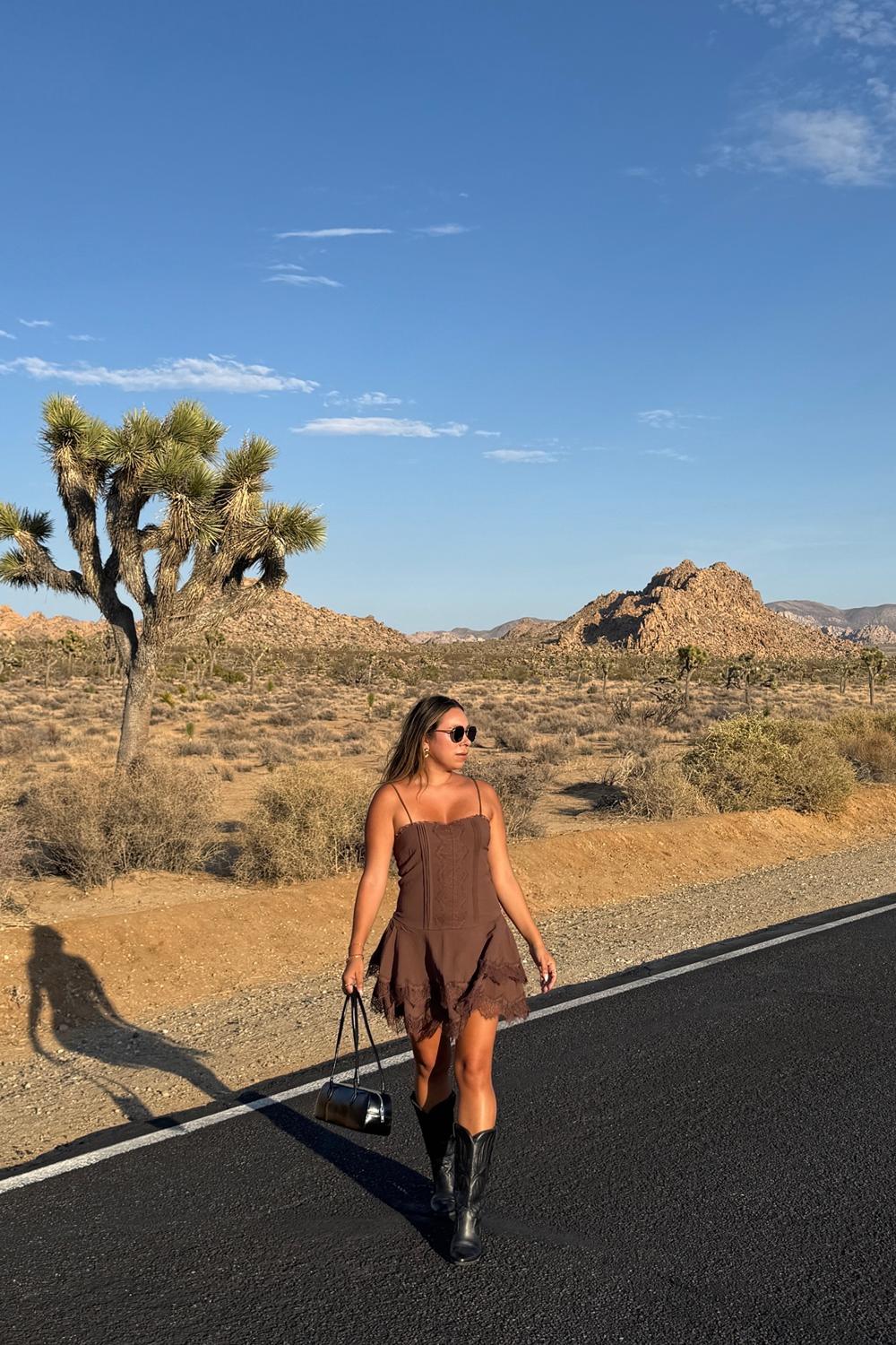 Post featuring Sahima Brown Lace Tiered Mini Dress