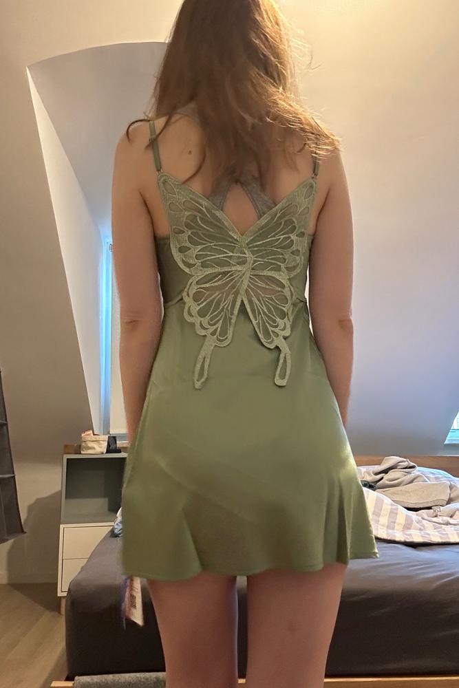 Mirn's review for Satin Cowl Neck Ruched Butterfly Mini Dress