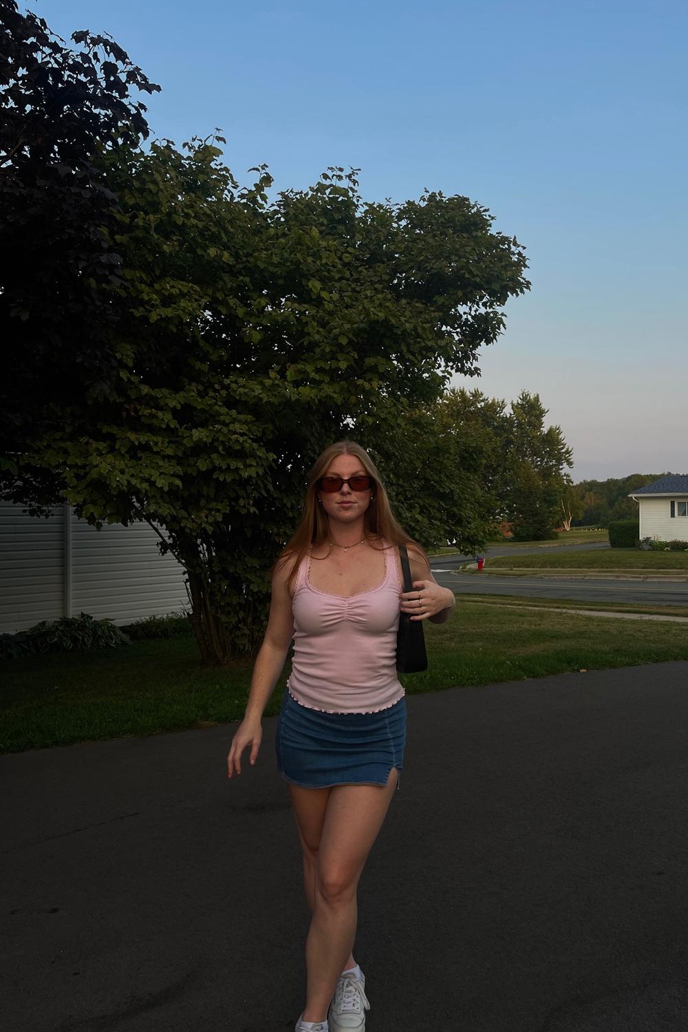 Post featuring AE Next Level High-Waisted Denim Skort Women's Medium Indigo Wash 000