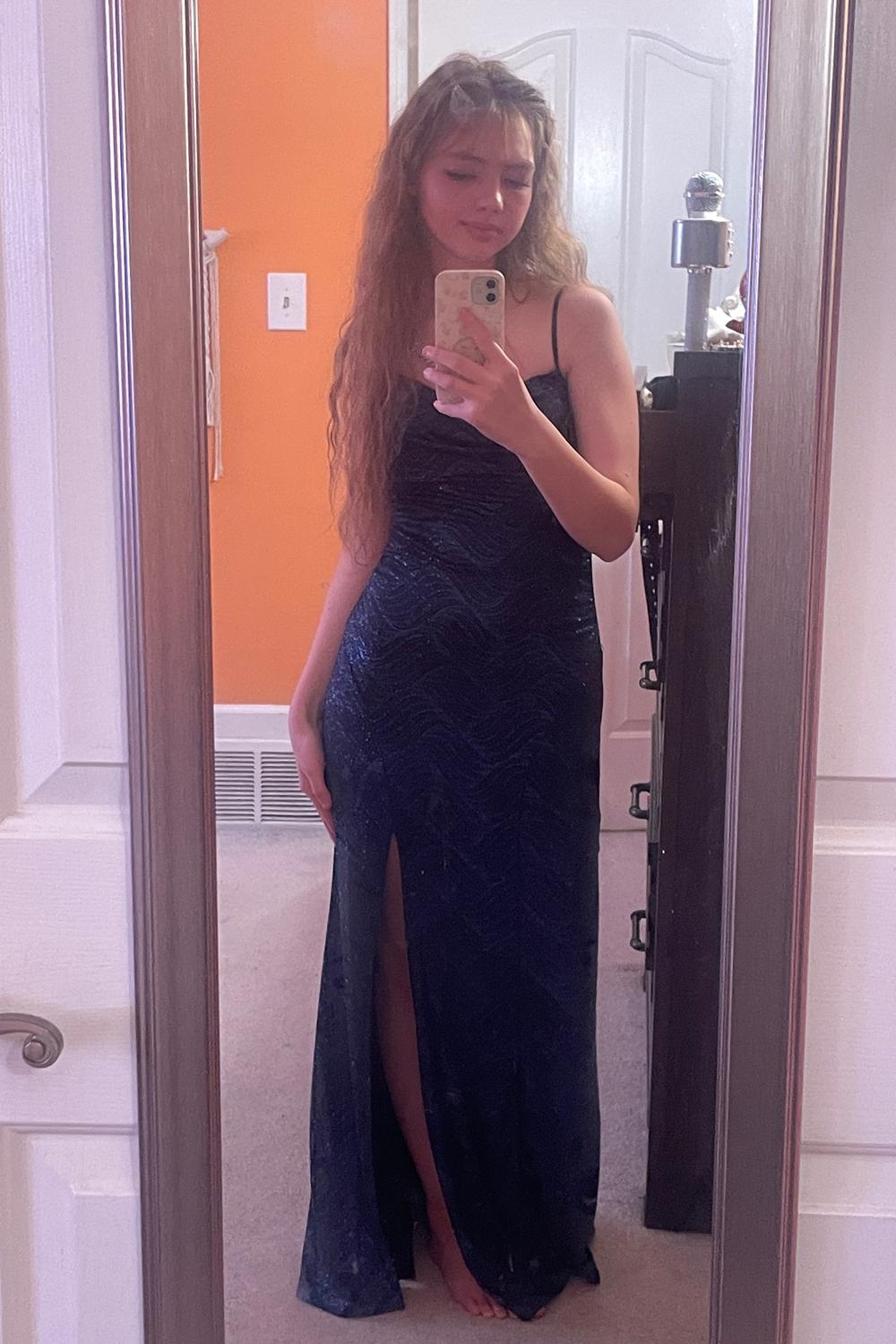 Post featuring Glitter Cowl Neck Sheath Dress with Skirt Slit