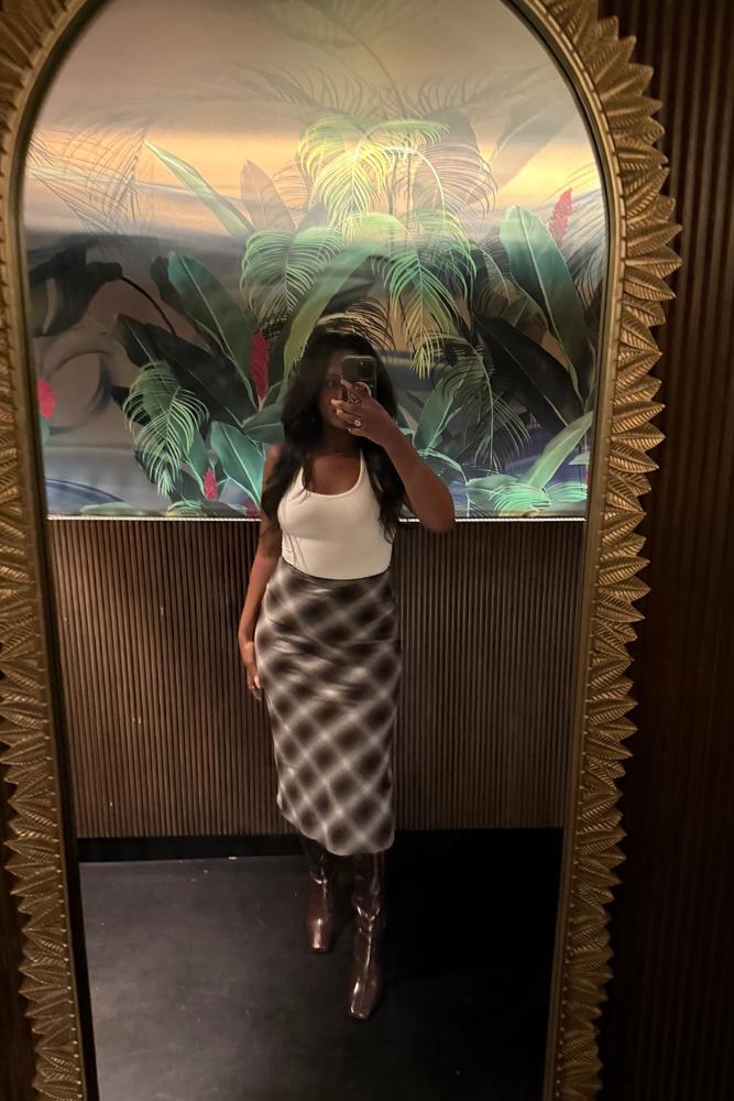 OnTheDailyWithBaylie's fit featuring Jeffrey Campbell, Coach | fall, plaid, nightout, cute, chocolay