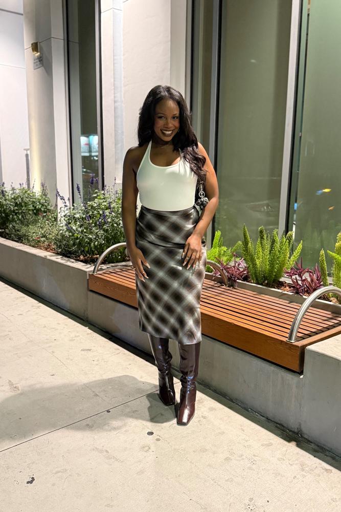 OnTheDailyWithBaylie's fit featuring Jeffrey Campbell, Coach | fall, plaid, nightout, cute, chocolay