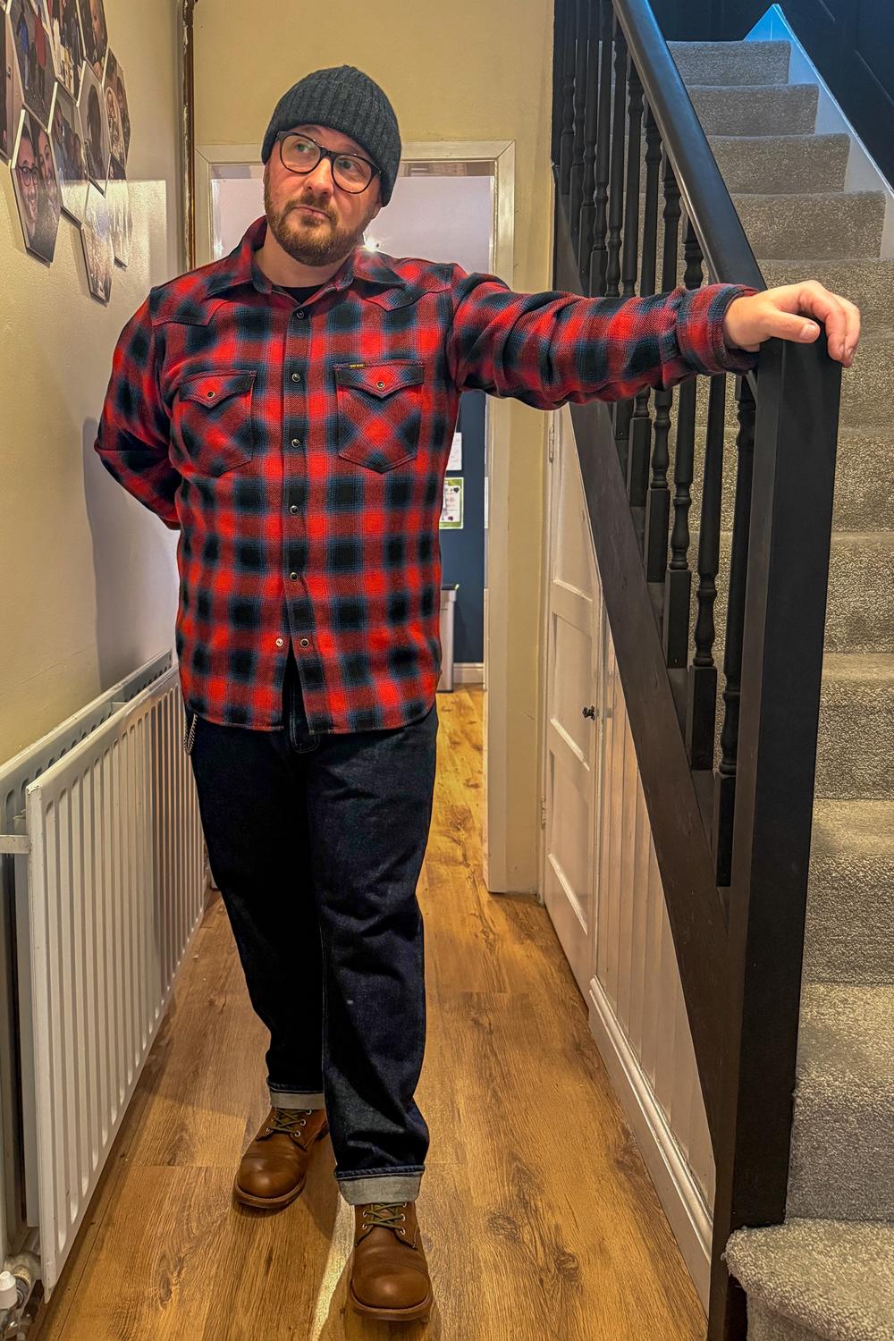 Post featuring Ultra Heavy Flannel Ombré Check Western Shirt - Red/Black