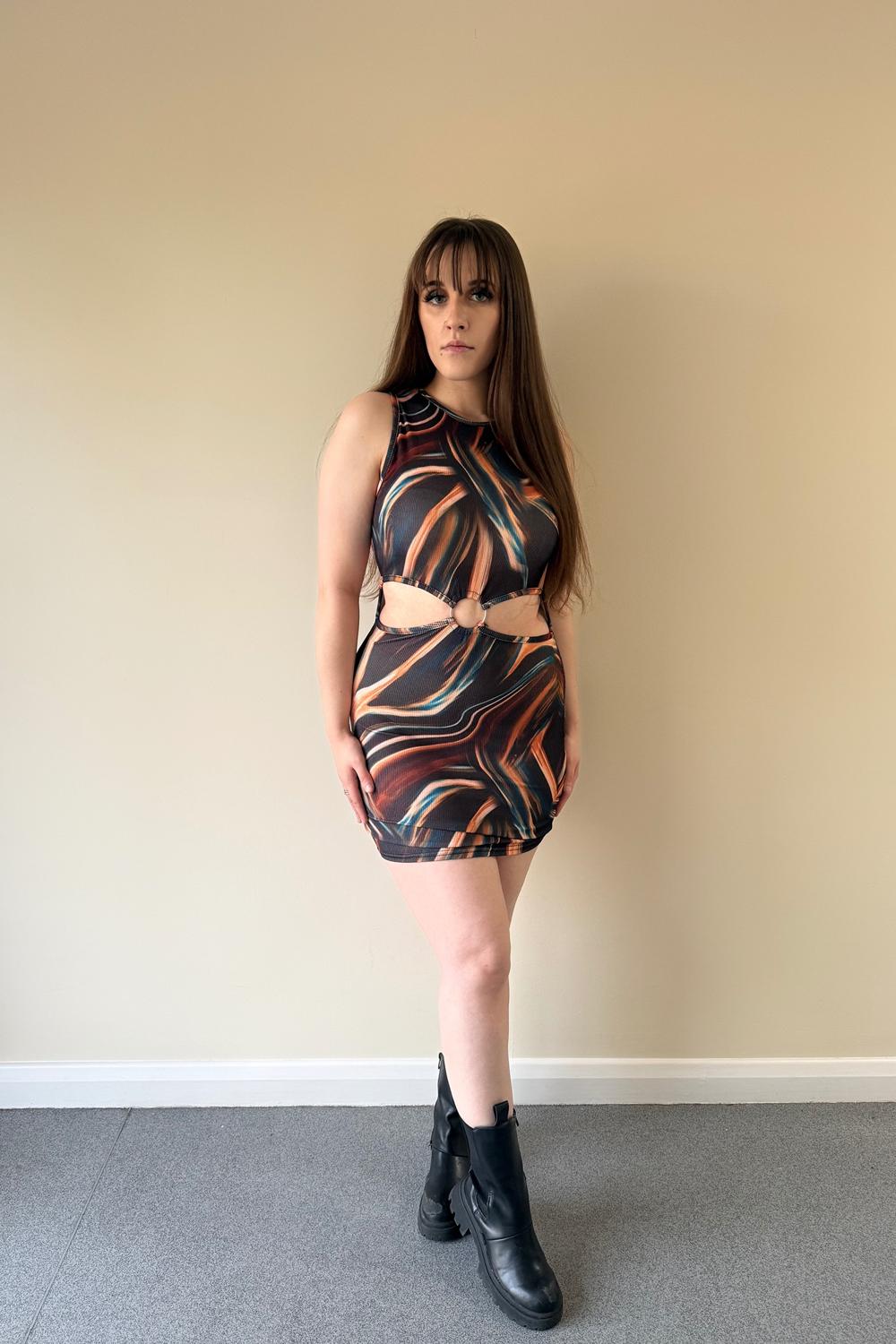 Post featuring Chocolate Ribbed Marble Print Cut Out Detail Mini Dress - Amarisse