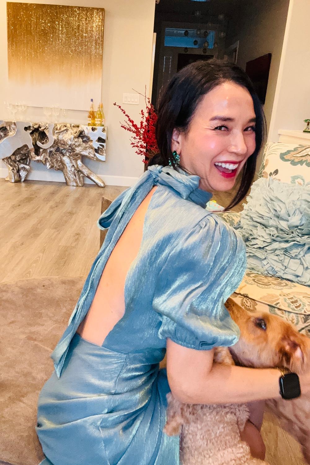 Post featuring Talira Light Blue Satin Lurex Mock Neck Cutout Maxi Dress