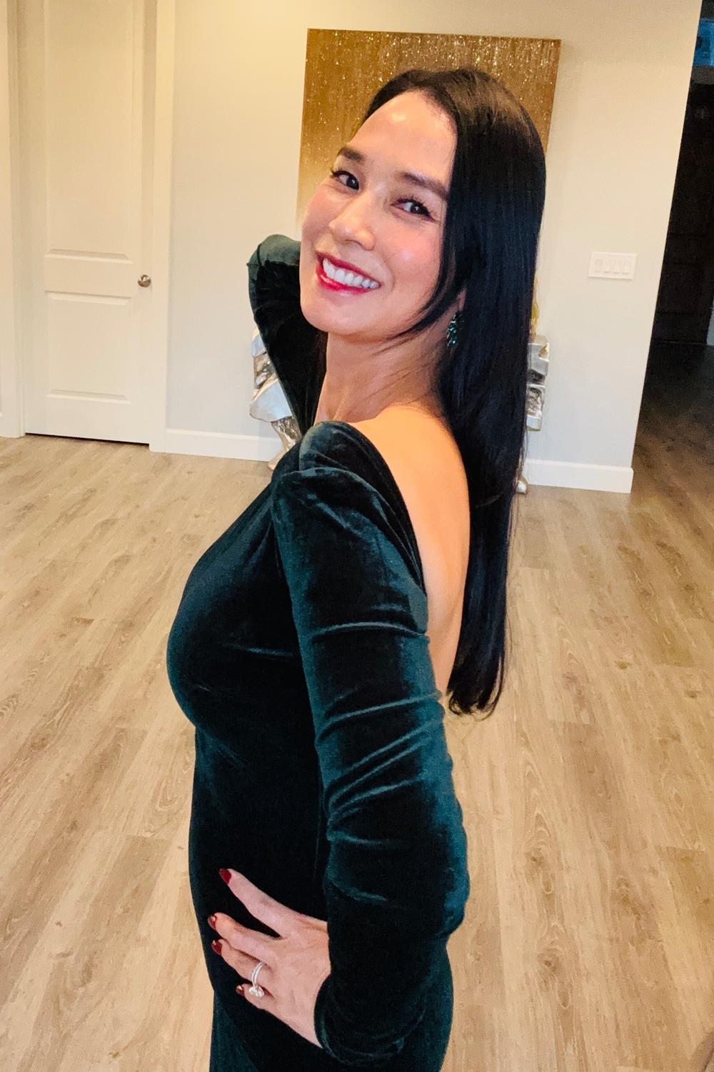 Post featuring Va Va Voom Dark Green Velvet Backless Long Sleeve Midi Dress