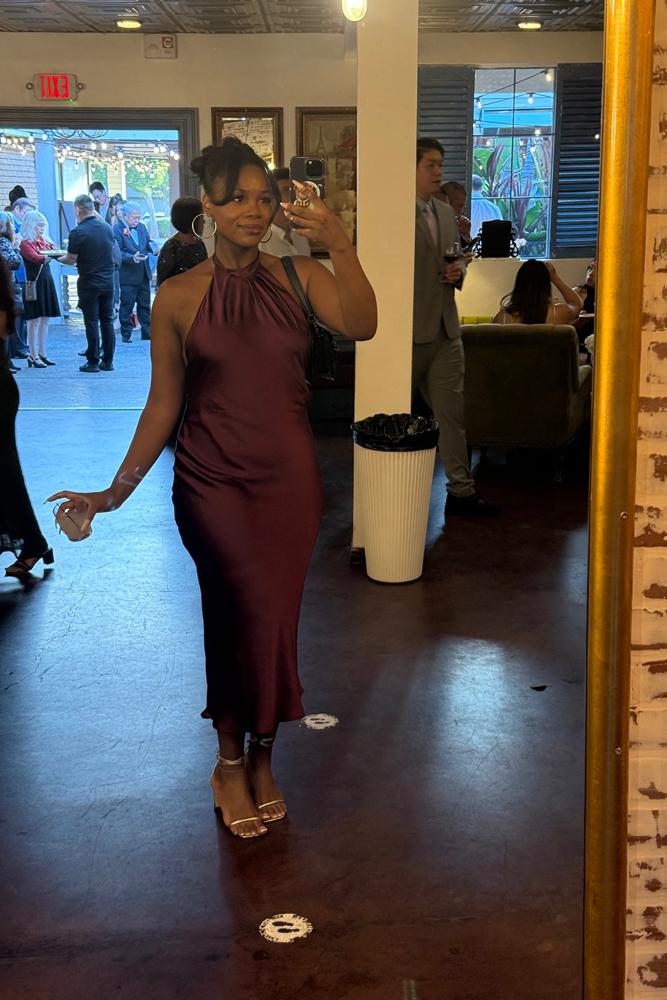 OnTheDailyWithBaylie's fit featuring Zara, Coach | burgundy, middidress, satindress, weddingguest