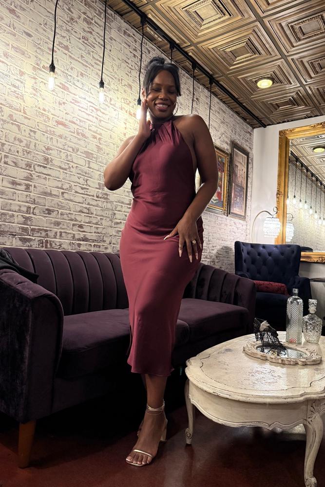 OnTheDailyWithBaylie's fit featuring Zara, Coach | burgundy, middidress, satindress, weddingguest