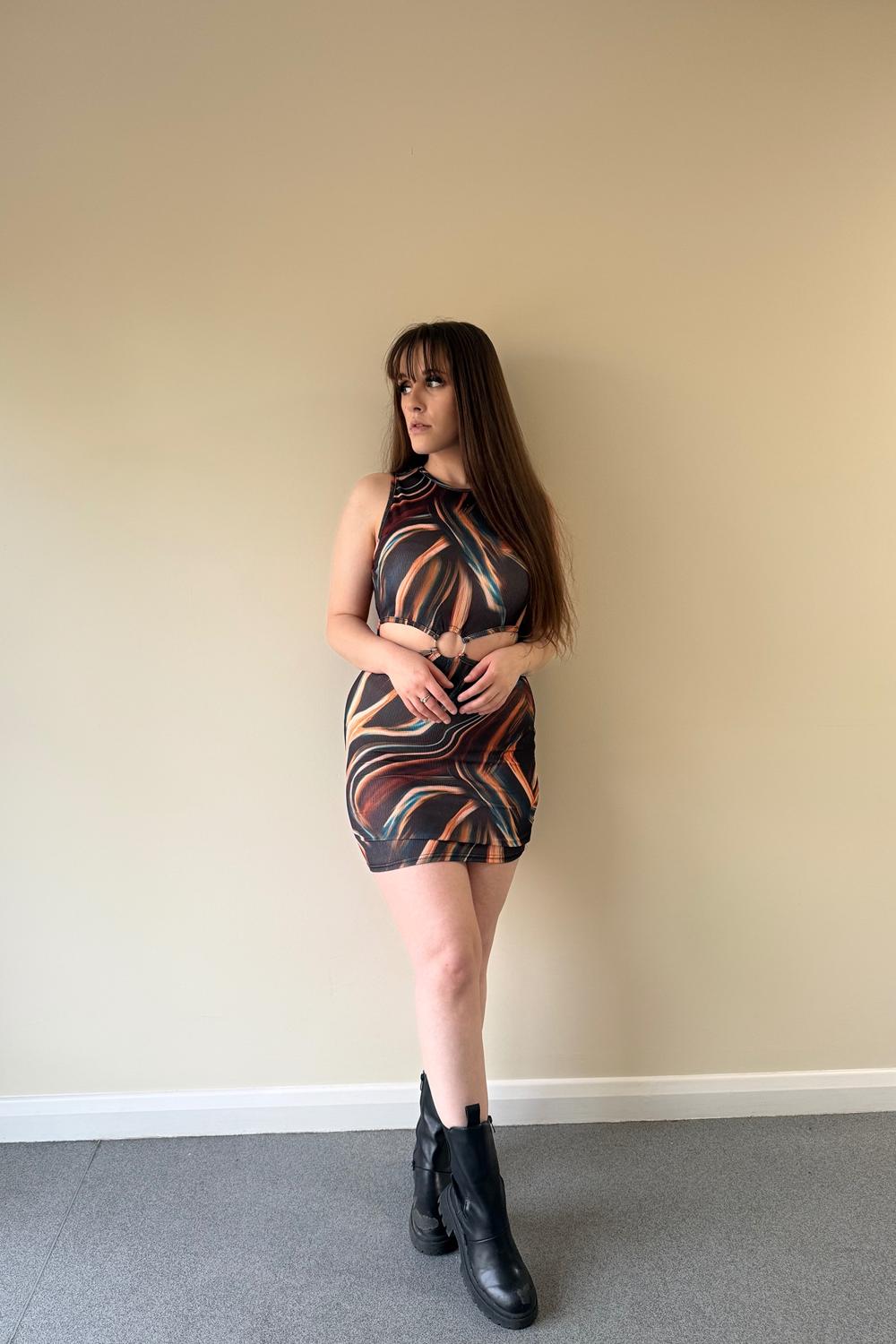 Post featuring Chocolate Ribbed Marble Print Cut Out Detail Mini Dress - Amarisse
