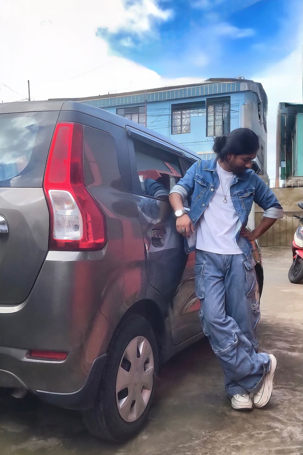 Post featuring Mango cotton cocoon sleeve cinched waist denim jacket in medium blue