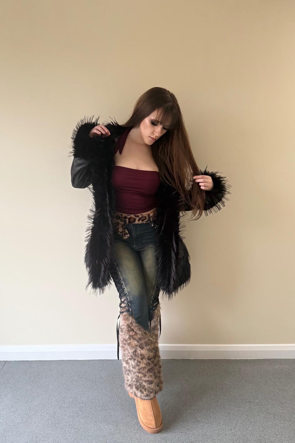 Post featuring Goth Vintage Faded Patchwork Leopard Print Low Waist Jeans