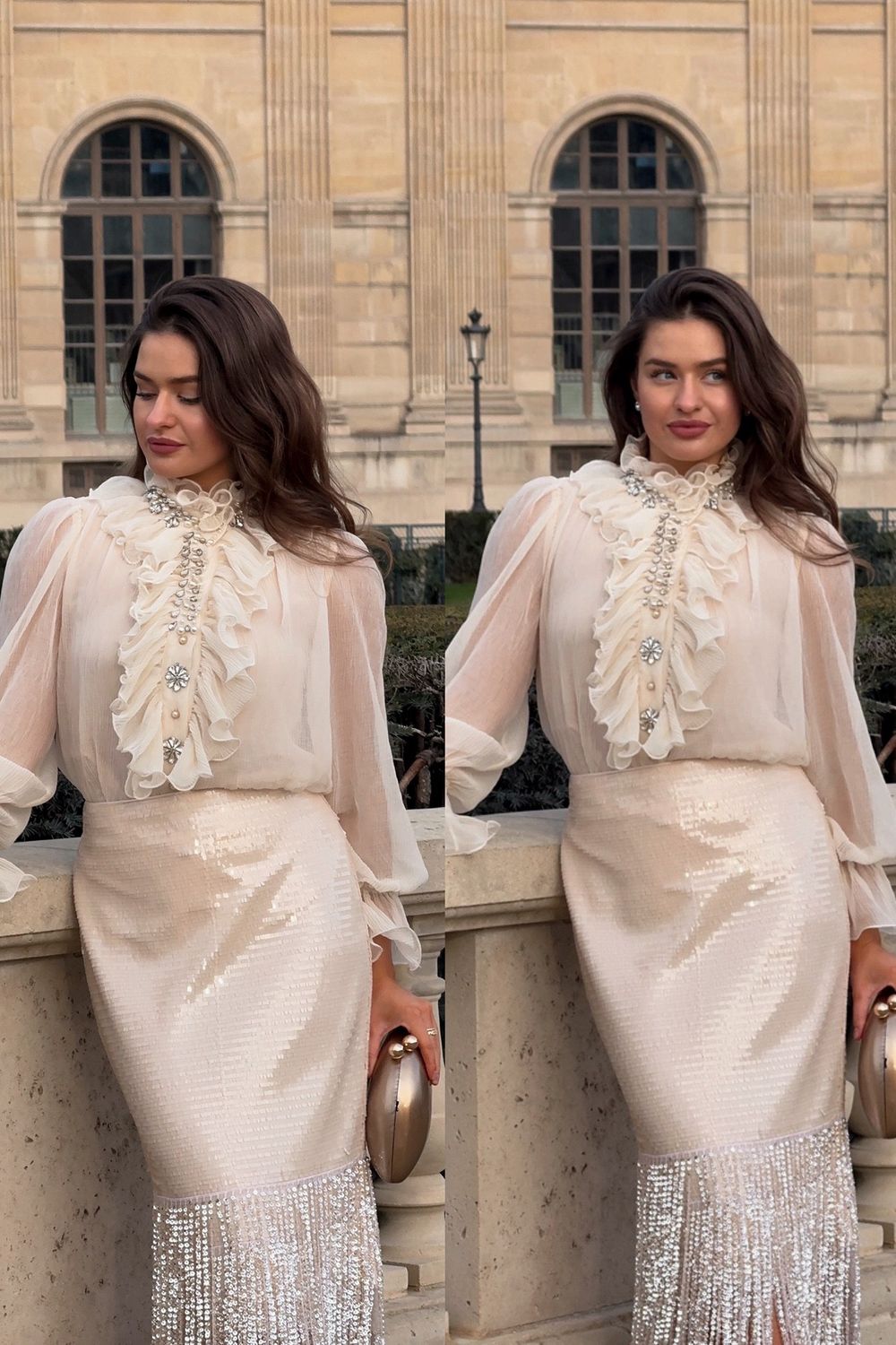 Post featuring Ruffled Stand Collar Beaded Shirt