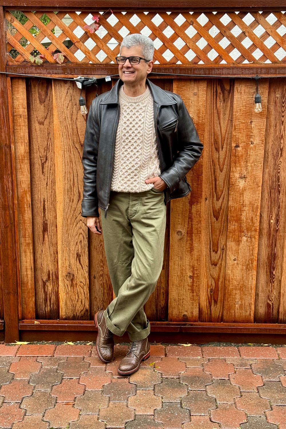 Post featuring Rich Olive Herringbone Twill Full Saddle Baker Pant