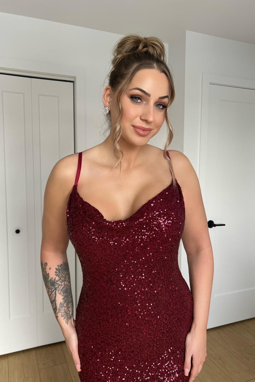 Post featuring Sequin Cowl Neck Sculpting Mini Dress