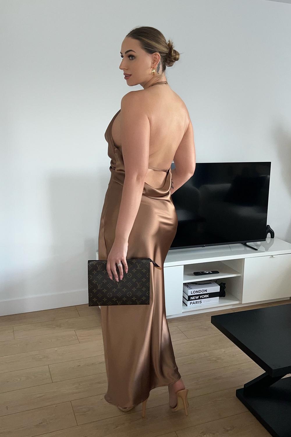 Post featuring Satin Halter-Neck Backless Maxi Dress