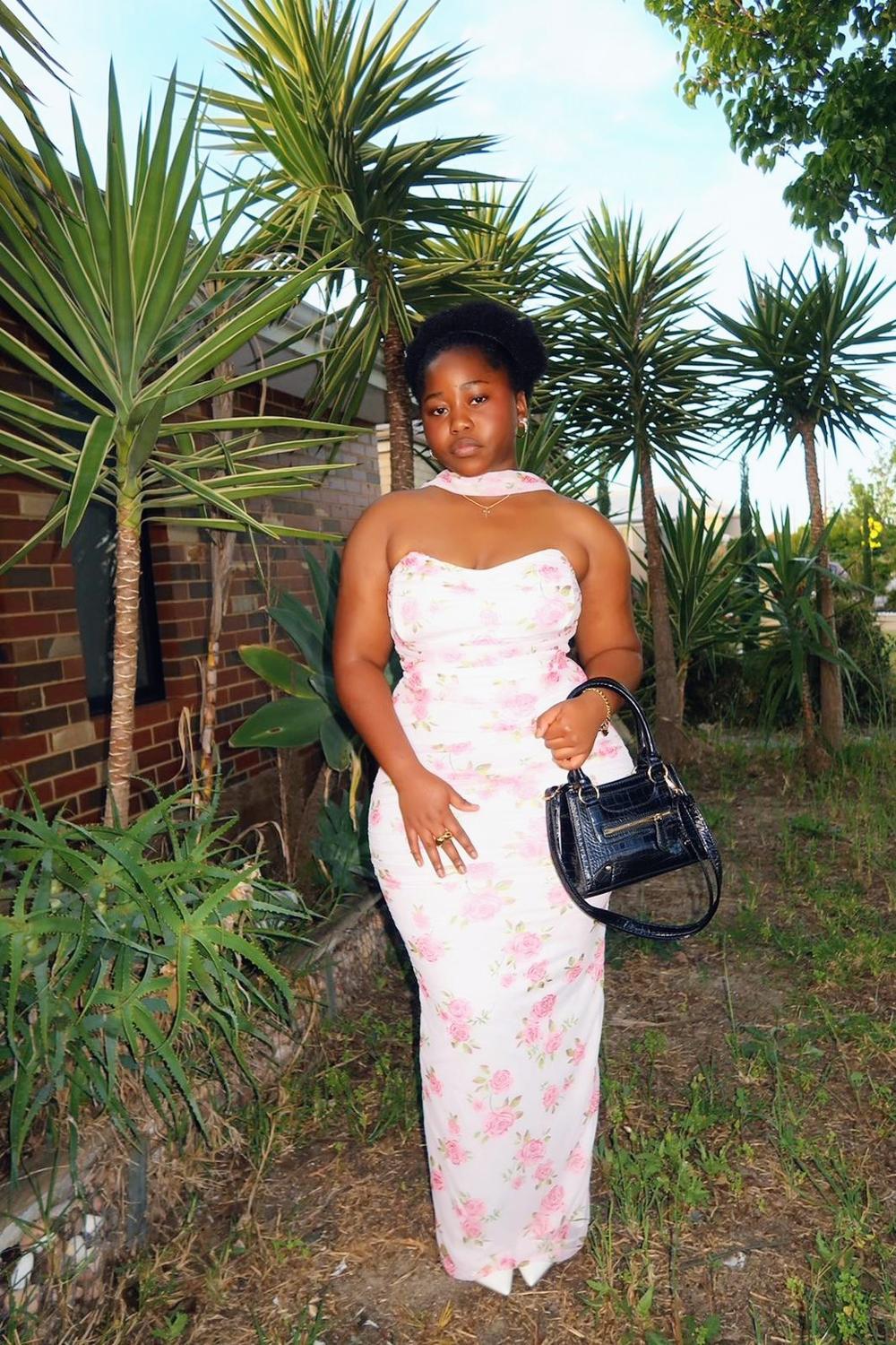 Post featuring Women's Pink Floral Scarf Detail Ruched Maxi Dress