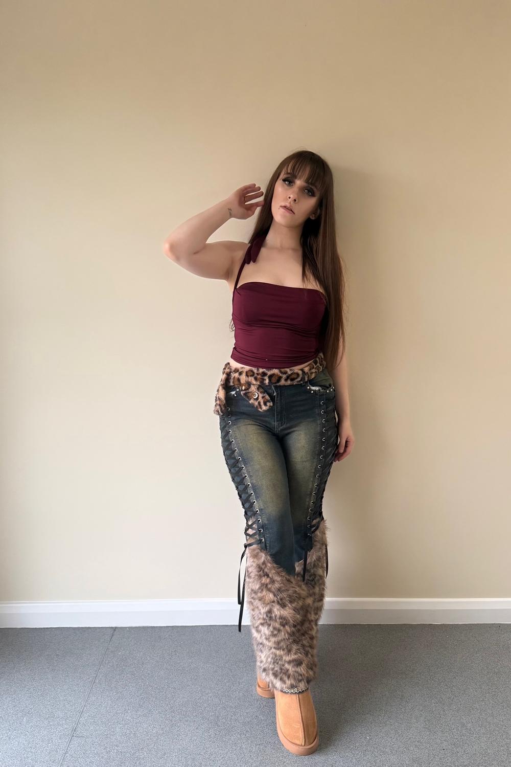 Post featuring Goth Vintage Faded Patchwork Leopard Print Low Waist Jeans