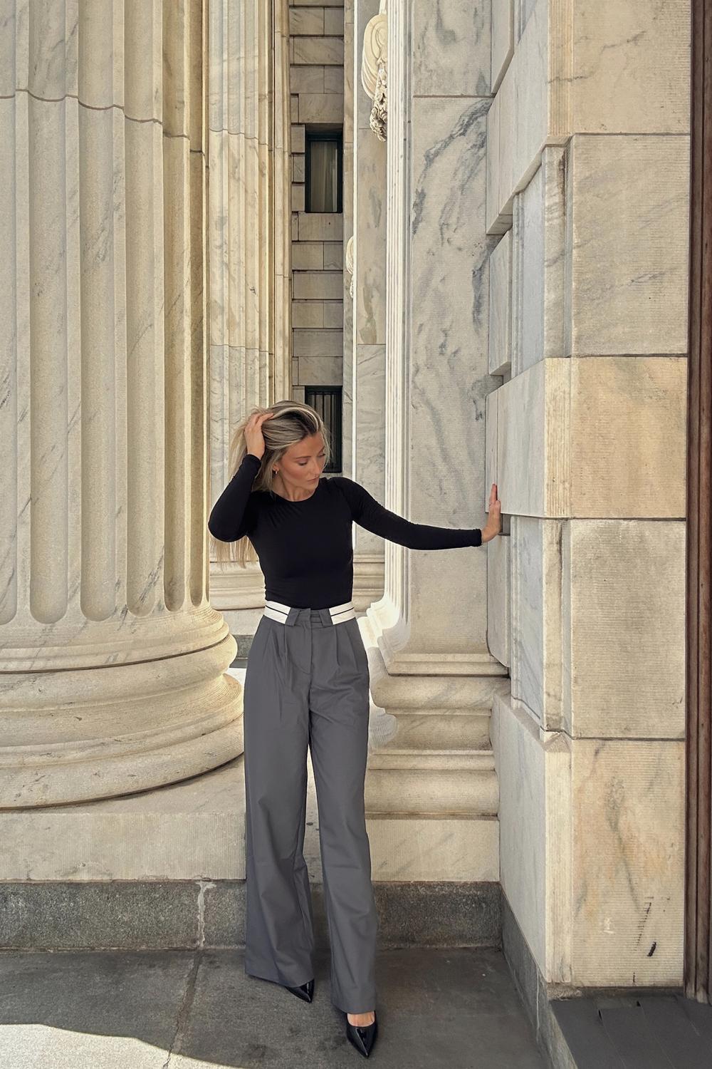 Post featuring Asymmetrical Contrast Waistband Wide Leg Dress Pants