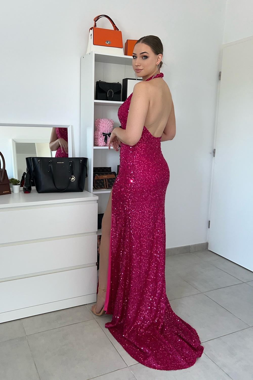 Post featuring Fuchsia Mermaid Halter Sequin Prom Dress With Slit