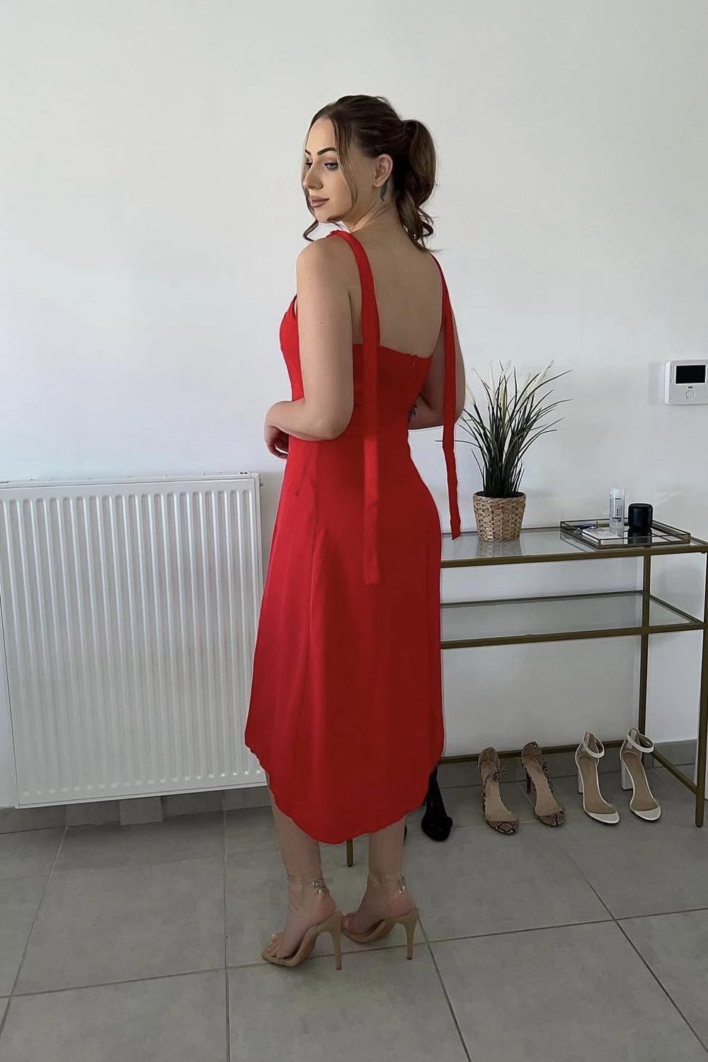 Post featuring Red Sweetheart Neck Tie Strap Midi Dress