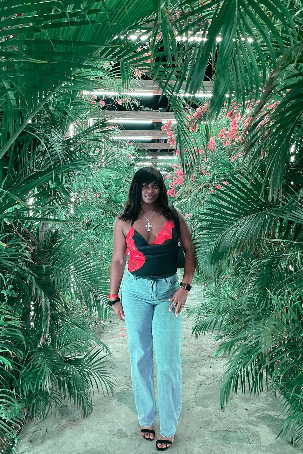 Post featuring Flora Cowl Neck Backless Mesh Top - Black/combo