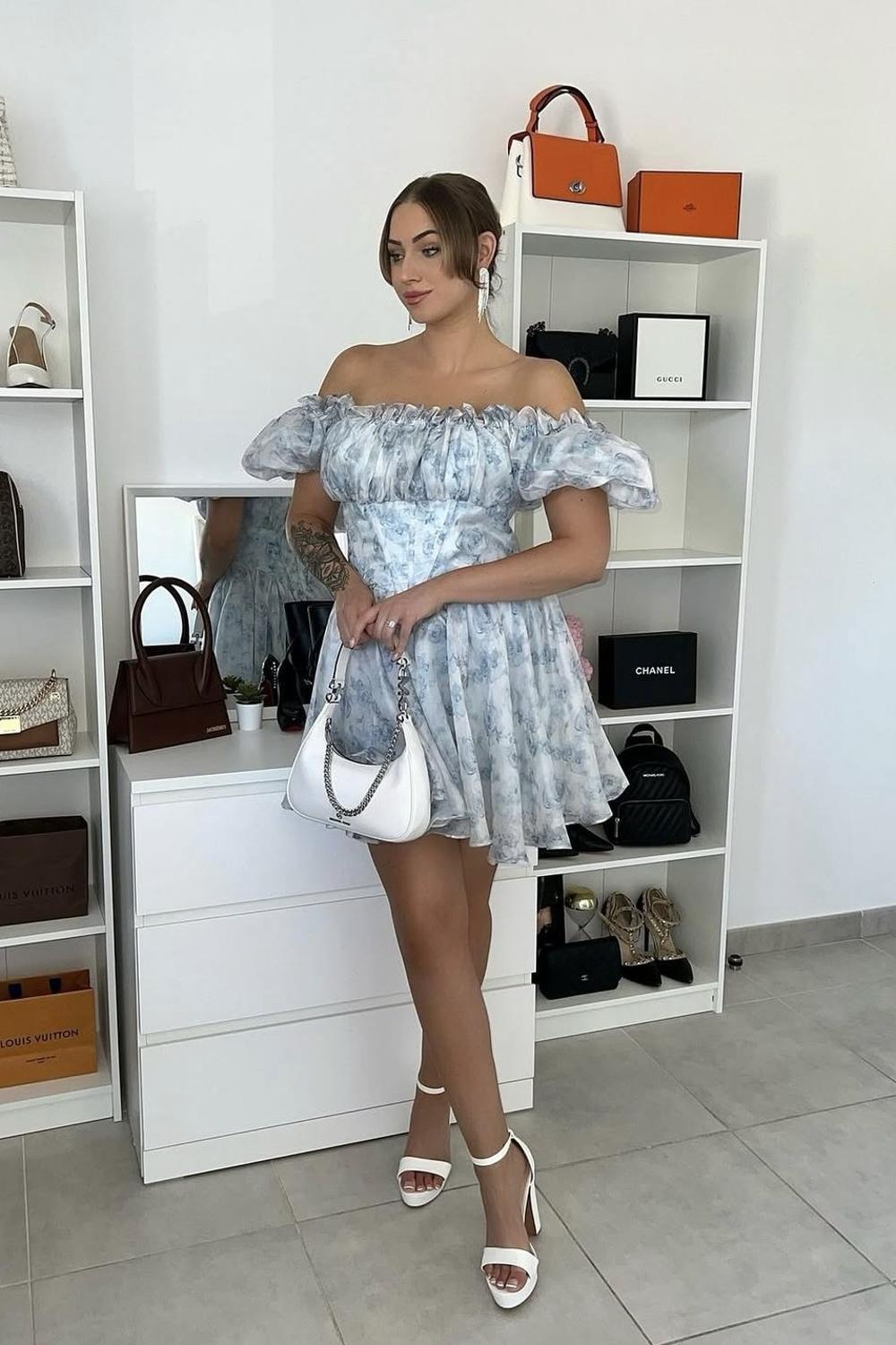 Post featuring Cute Sky Blue A Line Square Neck Floral Ruffle Homecoming Dress with Puff Sleeves