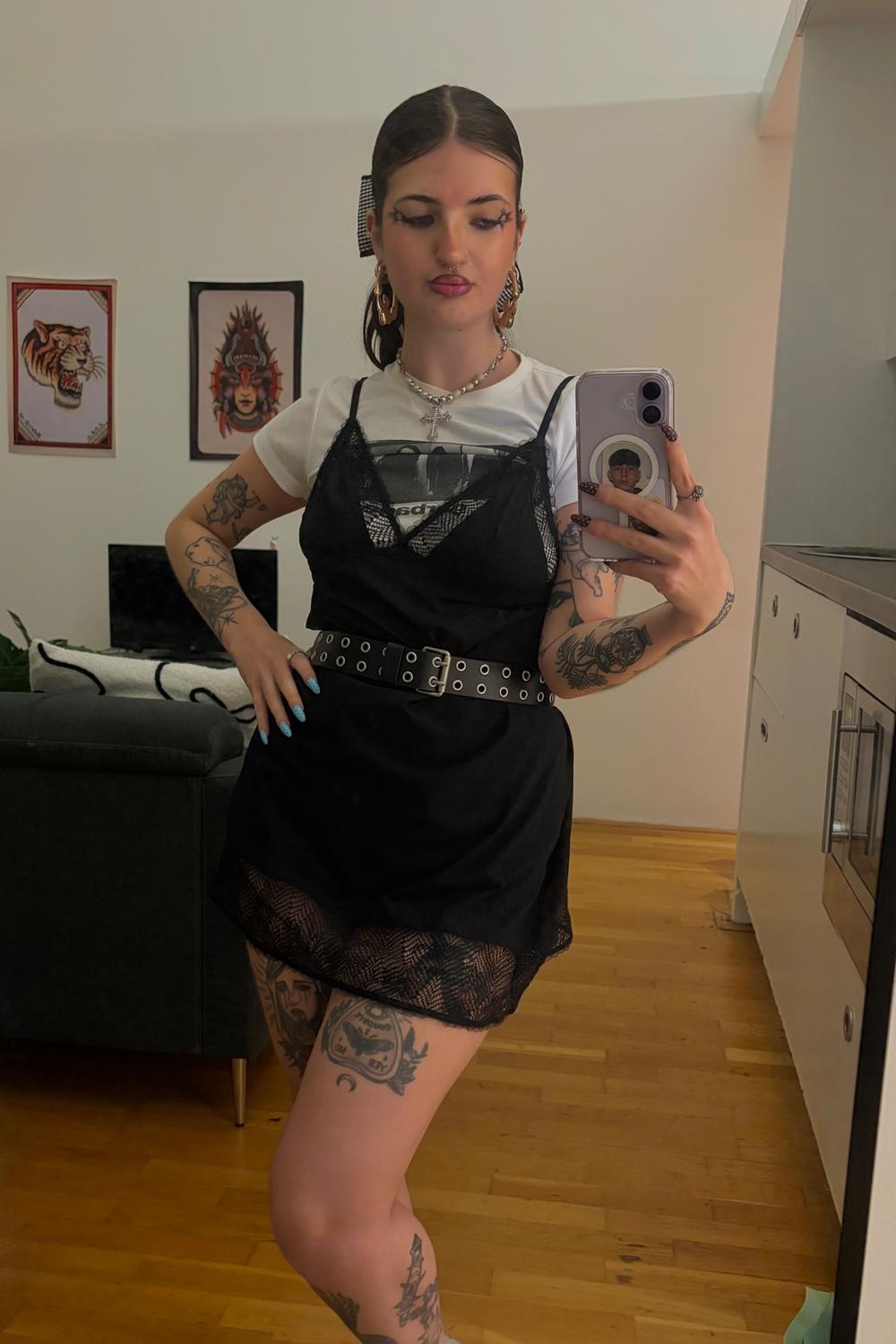 Post featuring Black Satin Lace Split Detail Slip Dress