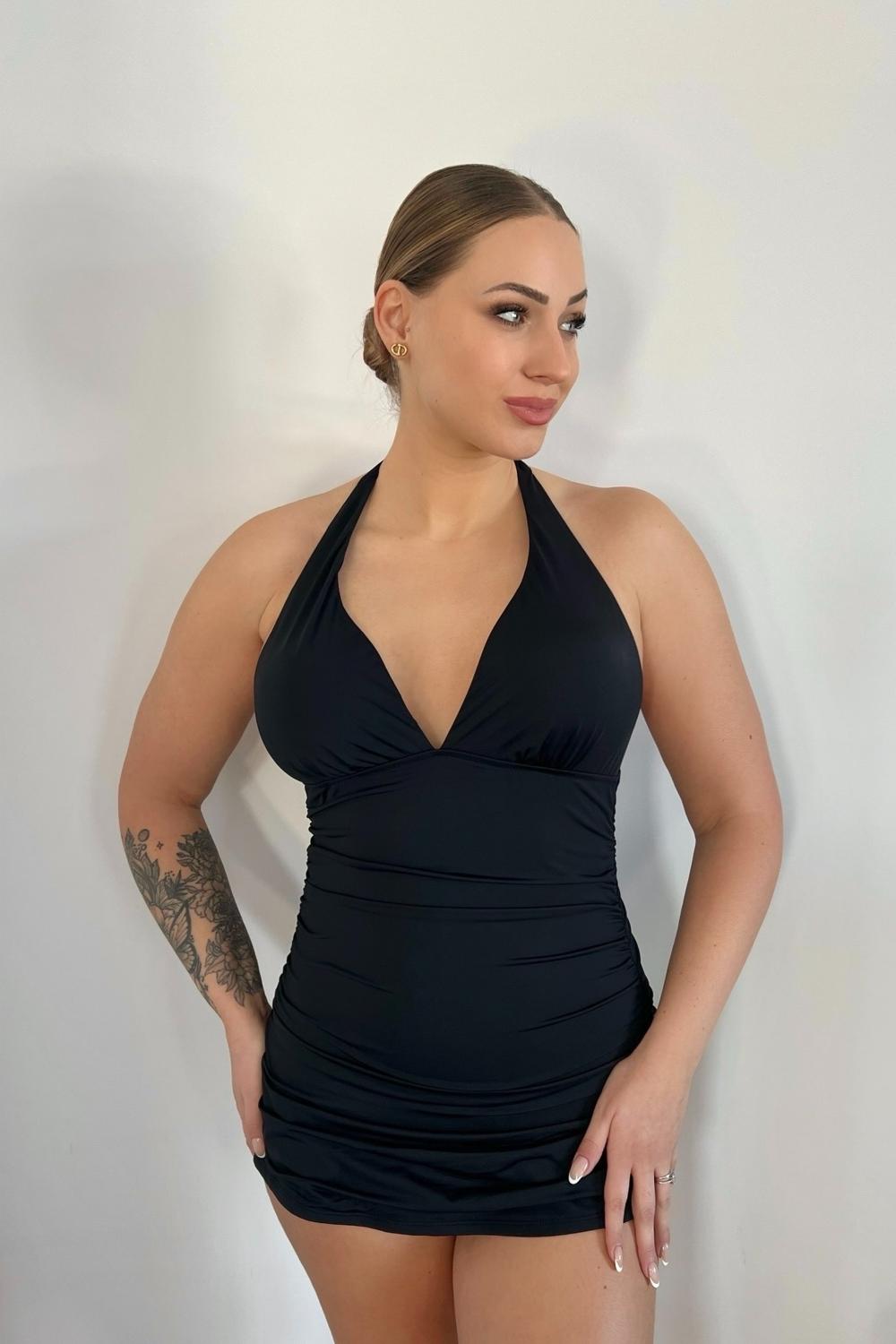 Post featuring Halter V-Neck Sculpting Swim Dress – 2-Piece Set