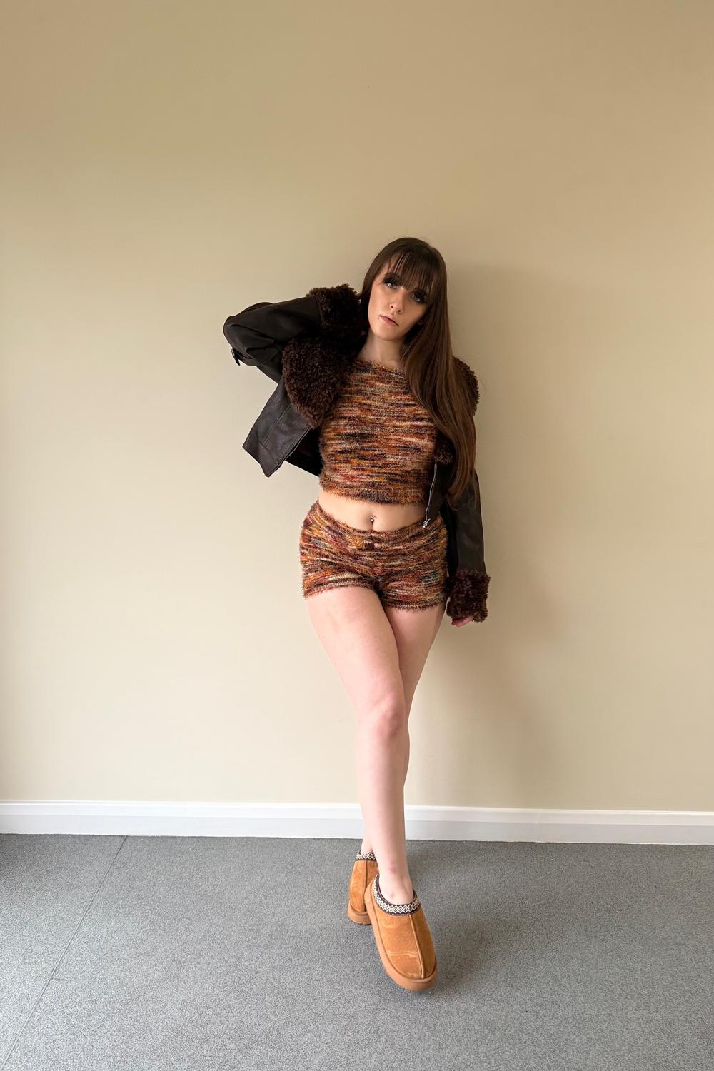 Post featuring Fairycore 2pcs Vintage Mixed Color Knit Set - Off Shoulder Crop Top + High Waist Shorts, Sexy Chic Vacation Outfit