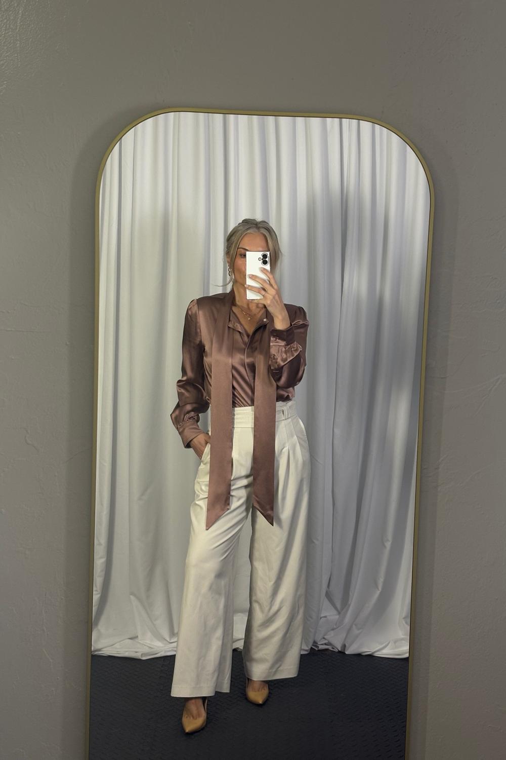 Post featuring 30 Momme Ladies Silk Tie-Front Blouse