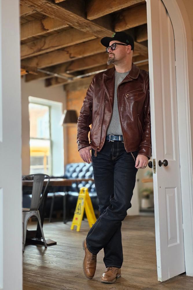 chainstitched's fit featuring Aero Leathers, BlackBlue, Brass Blade Belts, White's boots